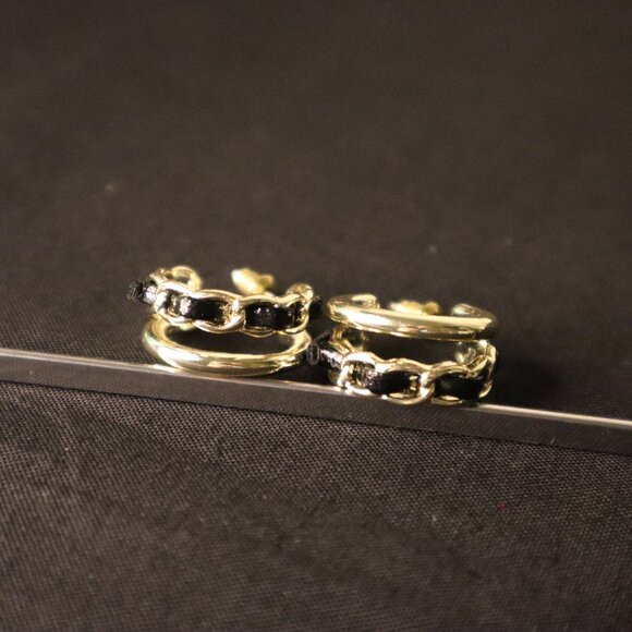 Jewelry - Gold & Black Chain Detail Huggie Hoop Earrings